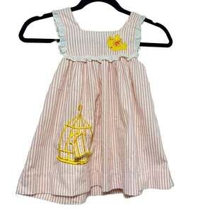 Vintage Kids Exchange Pink Seersucker Bird & Birdcage Applique Smocked Dress
